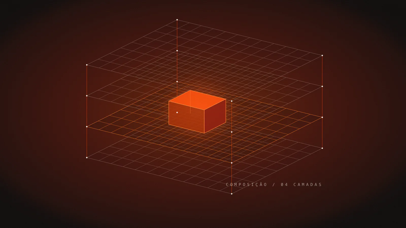 Gráfico da Flare: camadas de composição em perspectiva, com um volume em brasa no centro